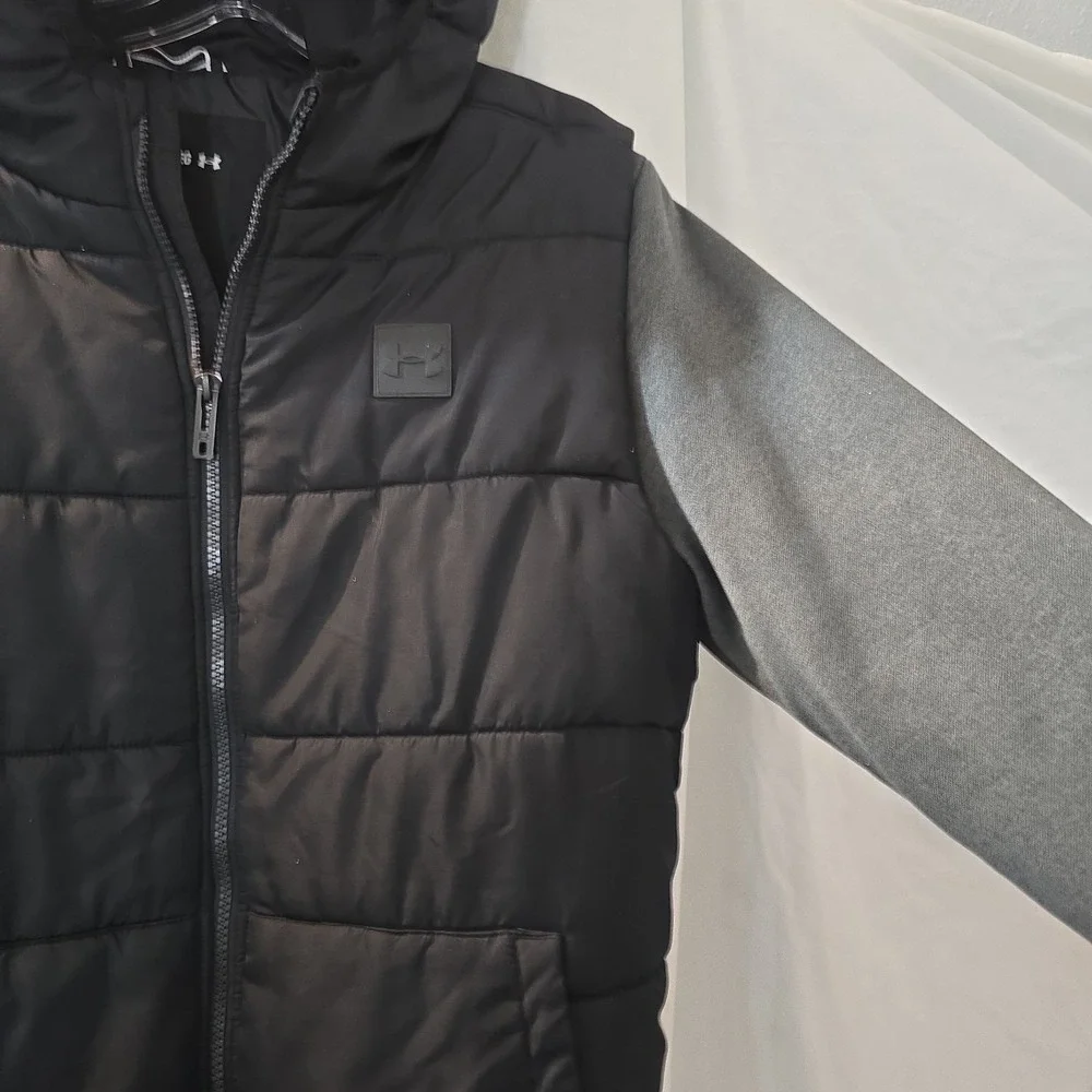 Under Armour Boy's 2-Fer Hoodie Puffer Vest Jacket Gray/black Sz YXL